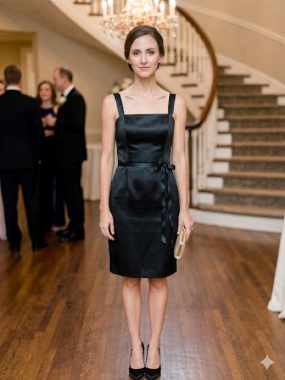 ABS Allen Schwartz Black Satin Midi Dress with Ribbon Waist